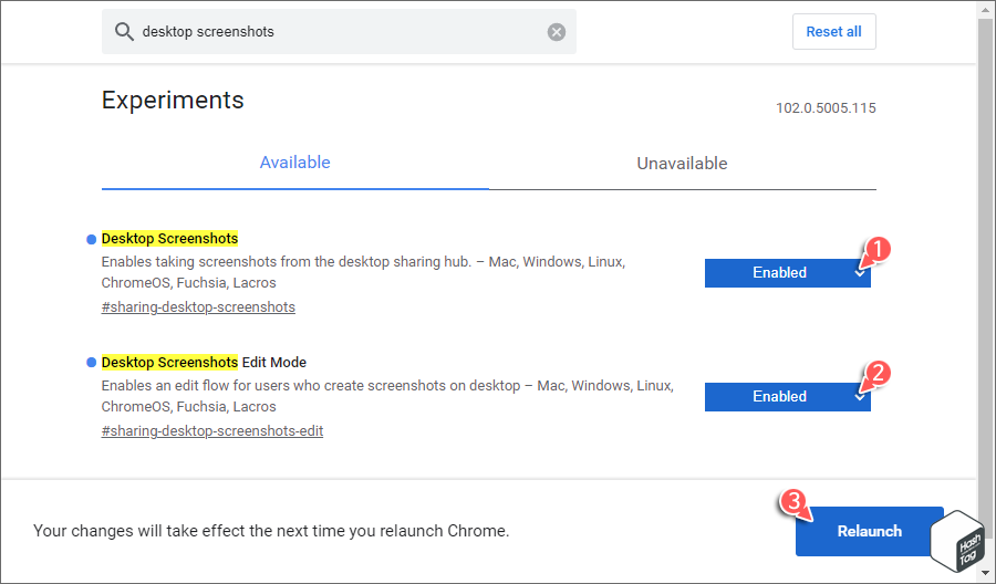 Desktop Screenshots, Desktop Screenshots Edit Mode 플래그 활성화