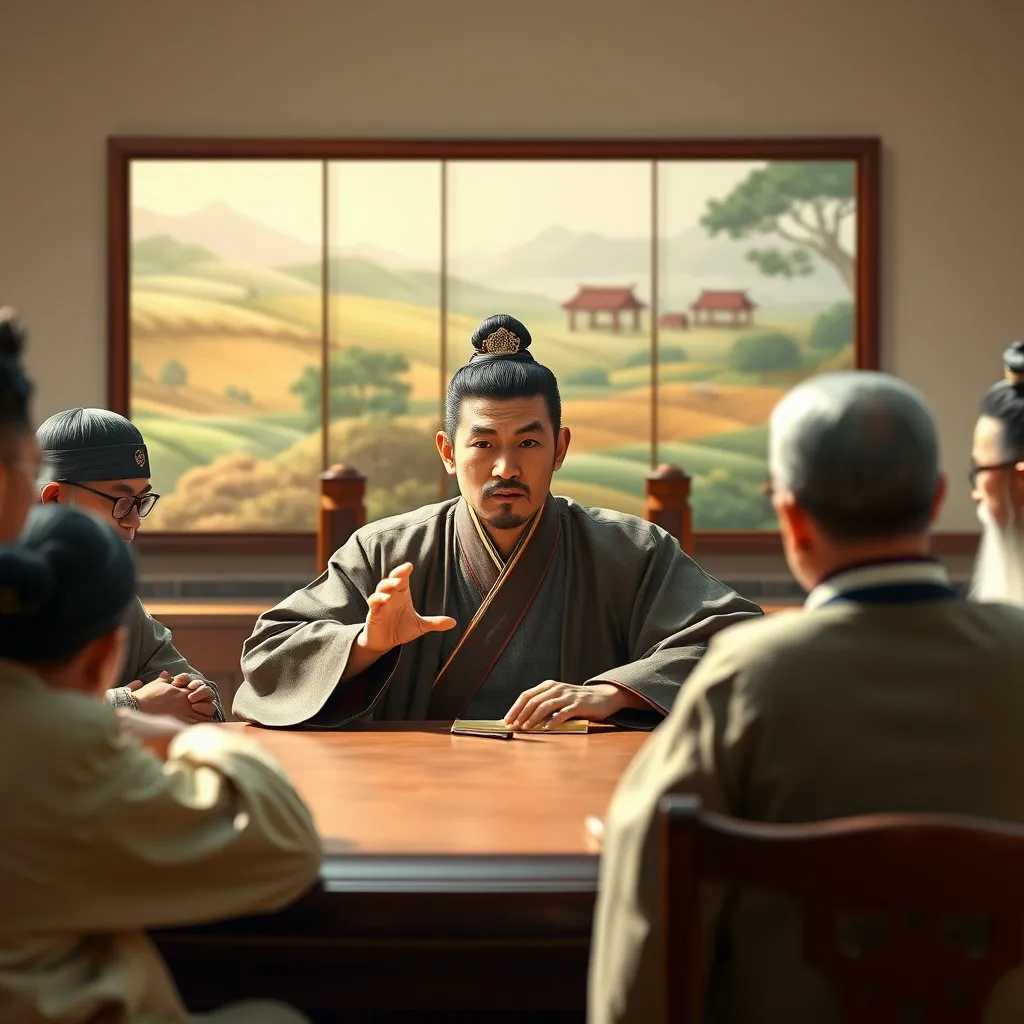 근엄하면서도 패기 넘치는 표정의 젊은 연산군이 경연(經筵)에 앉아 신료들과 활발하게 소통하는 모습입니다. 뒤편으로는 백성이 풍요롭게 살아가는 모습을 상징하는 평화로운 민생 그림 병풍이 살짝 보입니다. 밝고 긍정적인 분위기를 담아냅니다.