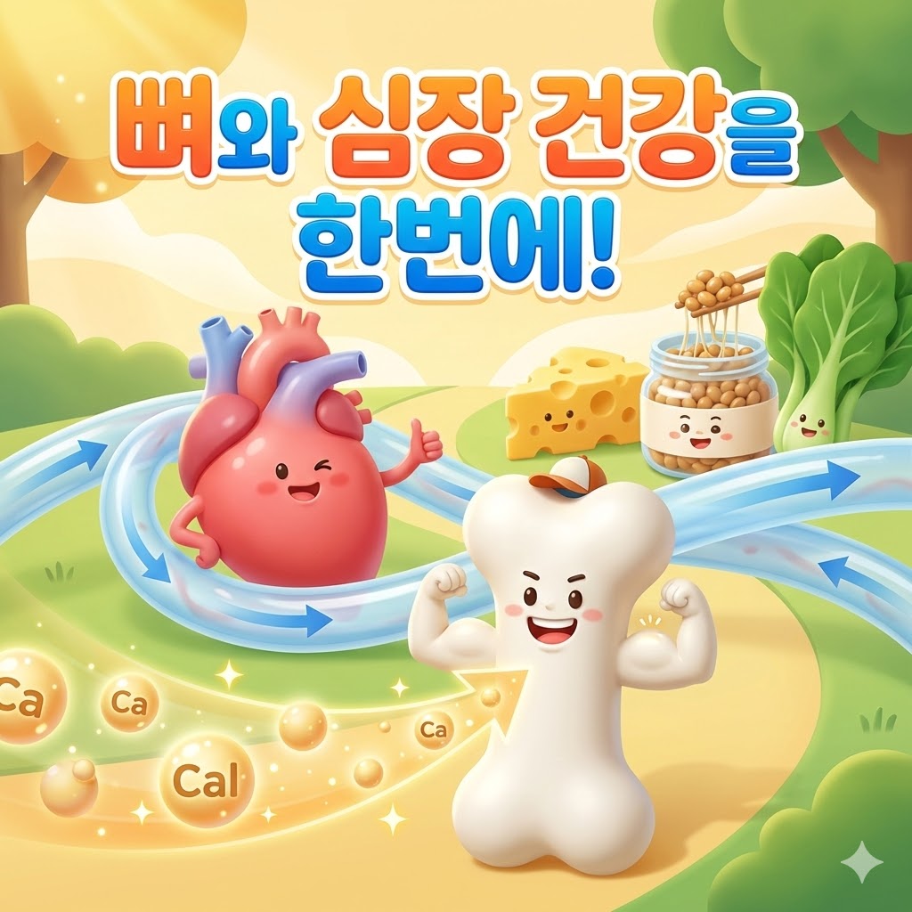 뼈와 심혈관 건강에 좋은 비타민 K2의 효능을 3D 카툰 스타일로 표현한 일러스트: 튼튼한 뼈와 깨끗한 혈관이 강조되고, '뼈와 심장 건강을 한번에!'라는 문구가 눈에 띈다.