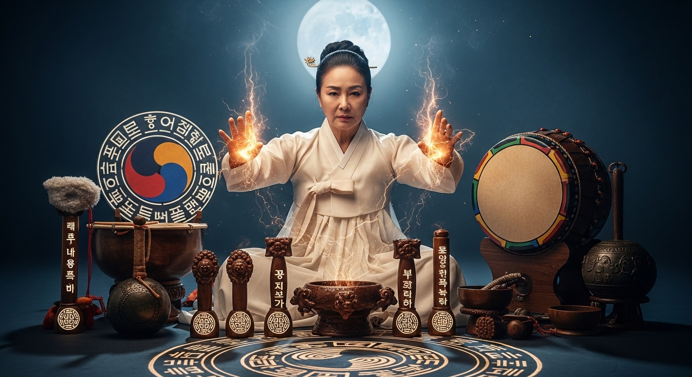 달빛 아래 전통 제례 도구들에 둘러싸여 강렬한 의식을 수행하는 한국 무당의 모습. '파묘'의 샤머니즘과 신비로운 분위기를 담고 있음