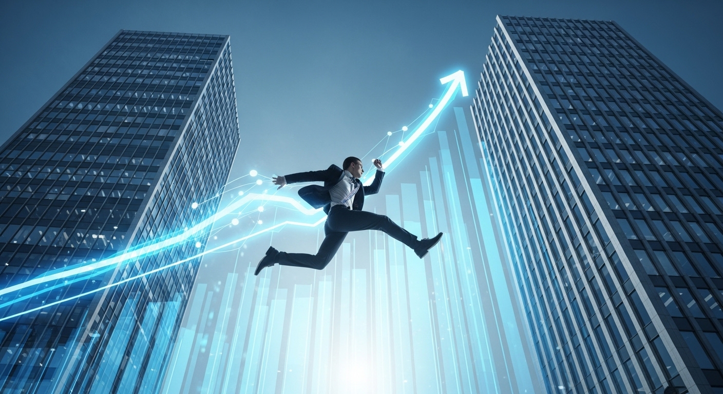 다양한 기업을 옮겨 다니며 경력을 성장시키는 역동적인 이직자의 모습. 여러 건물 사이를 뛰어넘는 실루엣으로 성공적인 커리어 전환을 나타냅니다.