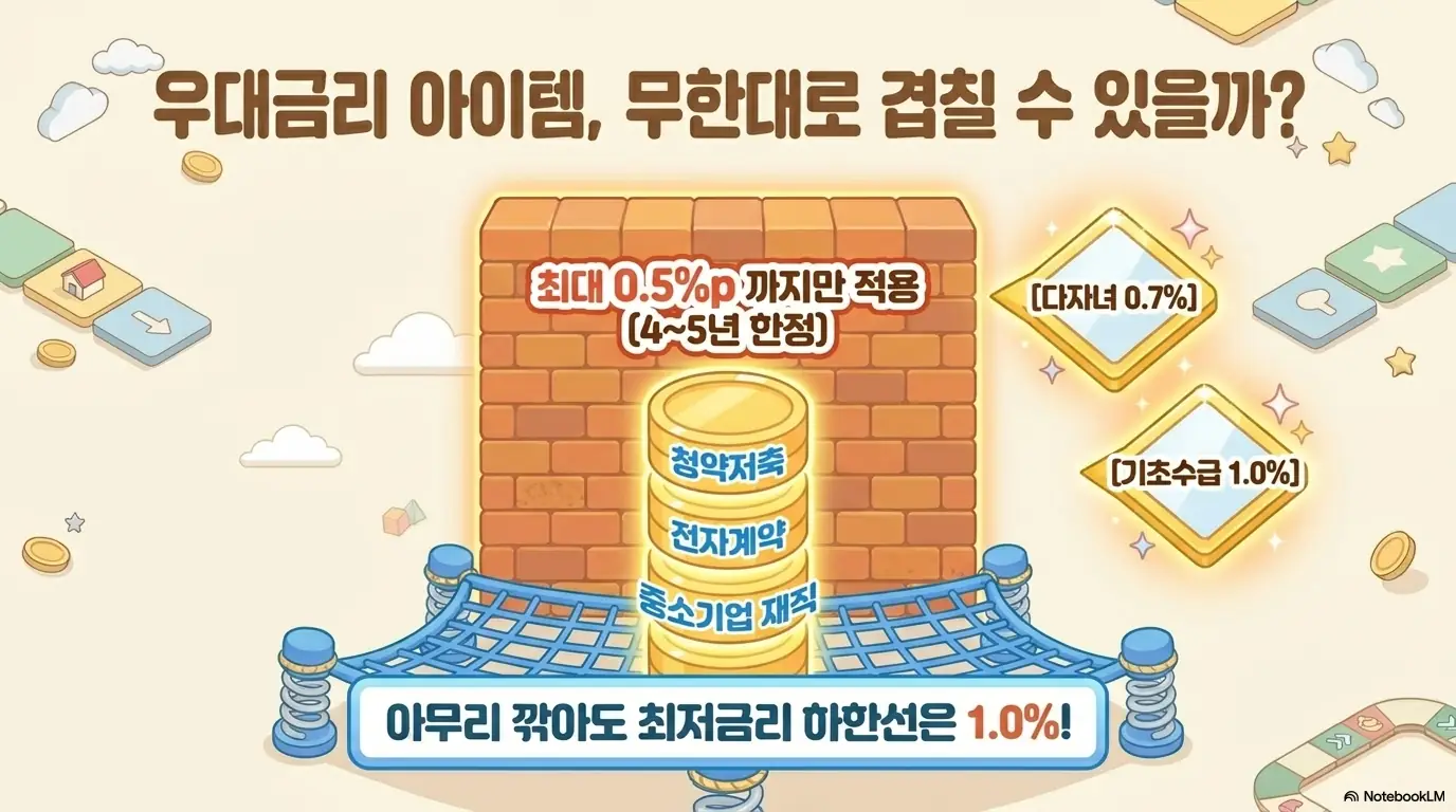 전세자금대출 금리비교: 우대금리 아이템을 무한대로 겹칠 수 있는지 묻는 이미지. 청약저축&middot;전자계약&middot;중소기업 재직 우대를 더해도 최대 0.5%포인트까지만 4~5년 한정 적용되고&amp;#44; 다자녀 0.7%포인트&middot;기초수급 1.0%포인트가 적용되며 아무리 깎아도 최저금리 하한은 1.0%임을 시각적으로 전달함