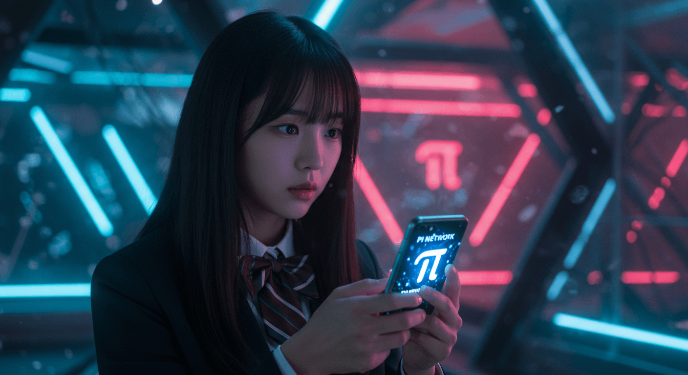 여학생이 스마트폰으로 파이네트워크 앱을 바라보는 장면 2