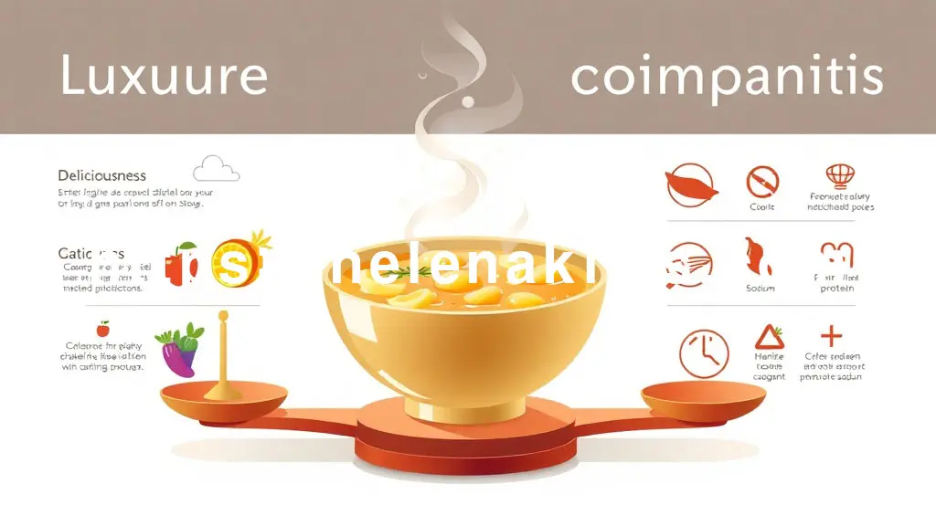 중앙에는 김이 나는 먹음직스러운 감자탕 한 그릇, 그 주변으로 저울 아이콘이 양쪽에 놓여 있다. 한쪽 저울 위에는 '맛있음'을 상징 하고, 다른 쪽 저울 위에는 '건강'을 상징하는 칼로리 수치, 단백질, 나트륨 등 영양 성분 표 아이콘들이 있는 이미지.