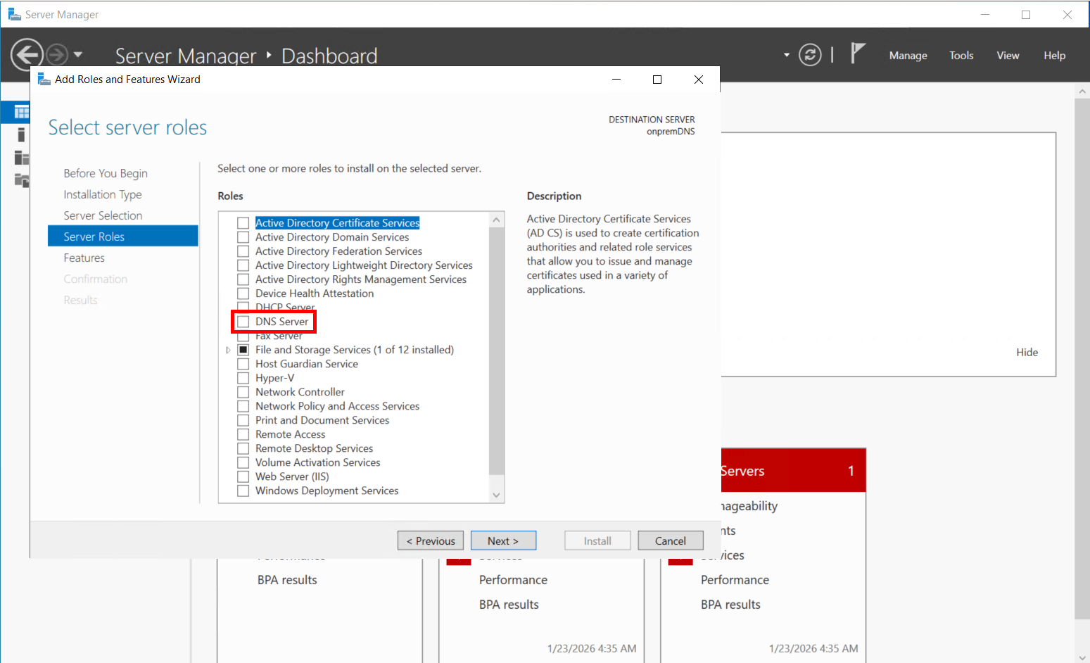 Windows Server Manager에서 DNS 역할 추가 화면 (온프레미스 DNS 서버 구성, Hybrid DNS)