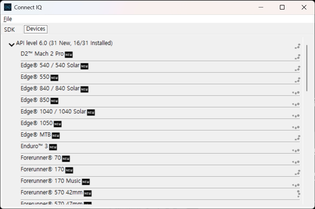 Connect IQ SDK Manager Devices 탭에서 Edge Fenix Forerunner 기기 패키지를 확인하는 화면
