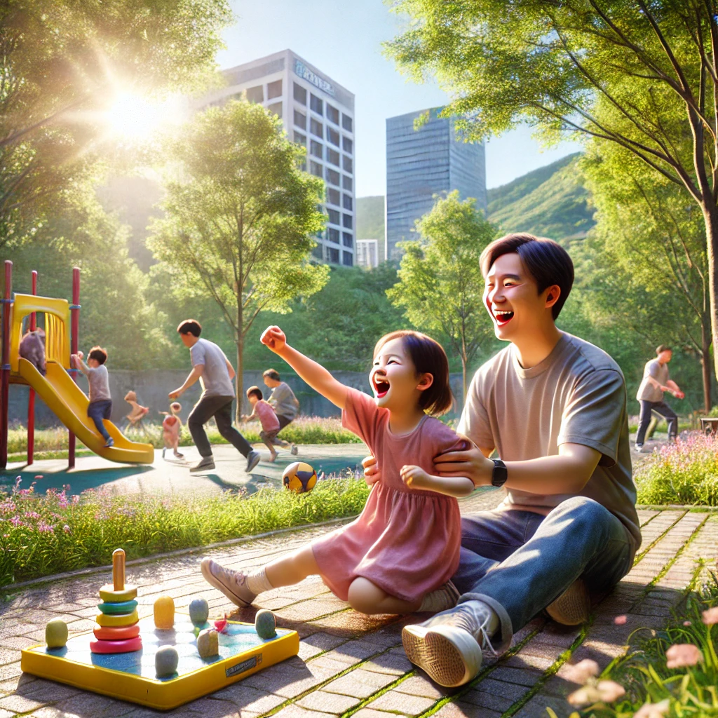 부모와 자녀가 공원에서 웃으며 놀이를 통해 어려움을 극복하는 모습. 초록 잔디와 햇빛이 비추는 즐거운 분위기