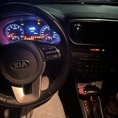 경고등 계기판이 켜진 자동차 내부 사진