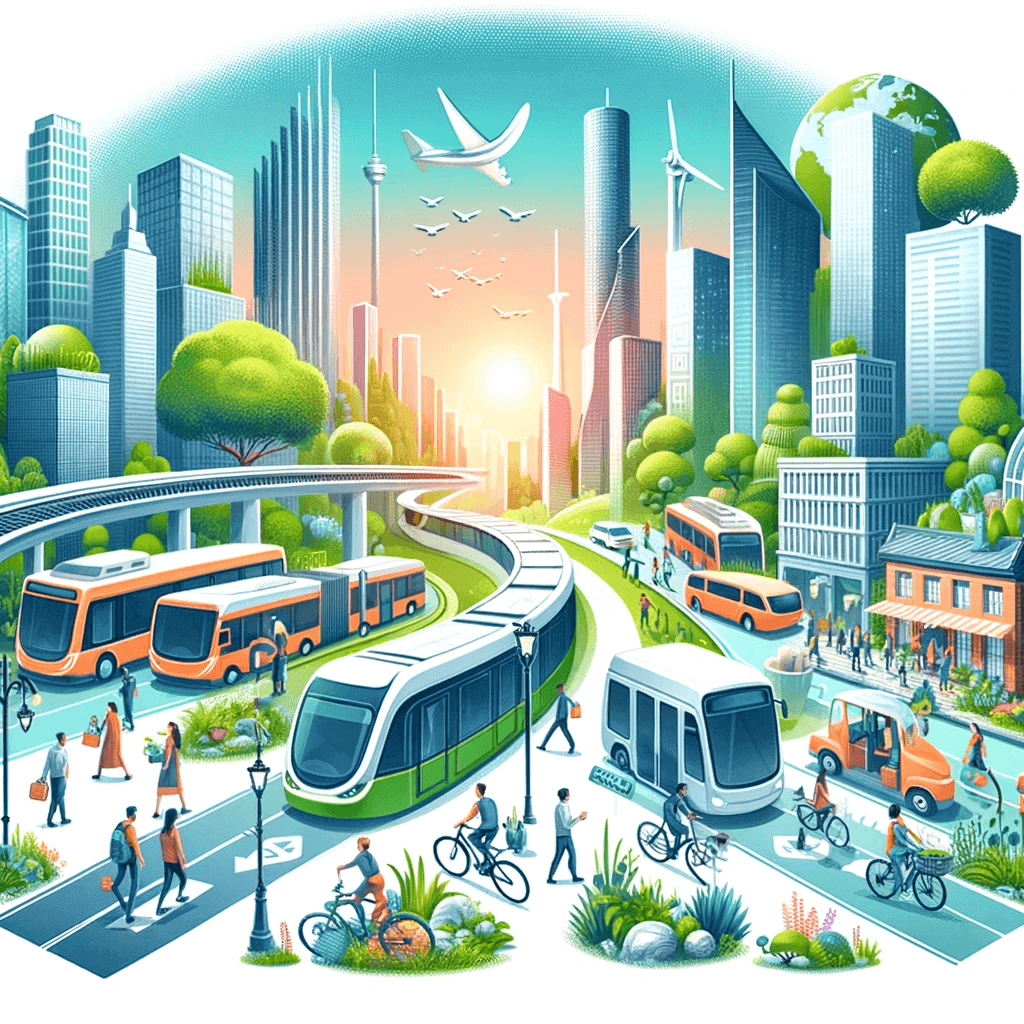 이 그림은 현대 도시에서 친환경 교통의 개념을 나타냅니다. 버스, 지하철, 자전거 등 다양한 대중교통 수단이 포함되어 지속 가능성을 강조하고 있습니다.