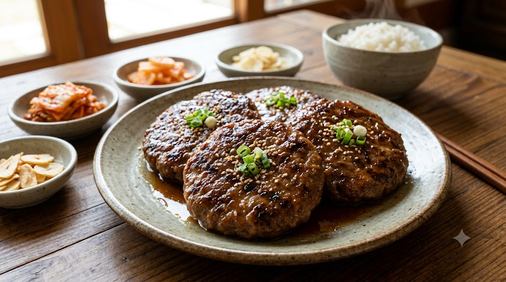 나무 테이블 위에 놓인 풍성한 한국 식사 상차림을 찍은 따뜻한 느낌의 사진입니다. 중앙에는 윤기가 흐르는 진갈색 달임장 소스가 끼얹어진 두툼한 수제 떡갈비 네 장이 회색빛 도자기 접시에 정갈하게 담겨 있습니다. 떡갈비 위에는 잘게 썬 초록색 대파와 참깨가 고명으로 뿌려져 먹음직스러움을 더합니다. 접시 주변으로는 김치, 얇게 저민 마늘 조림, 단무지 무침 등 세 가지 반찬이 각각 작은 흰색 그릇에 담겨 있으며, 뒤편으로는 김이 모락모락 나는 흰 쌀밥 한 공기가 놓여 있습니다. 오른쪽에는 나무 젓가락 한 벌이 놓여 있고, 테이블 뒤쪽 창가로는 부드러운 햇살이 들어옵니다.