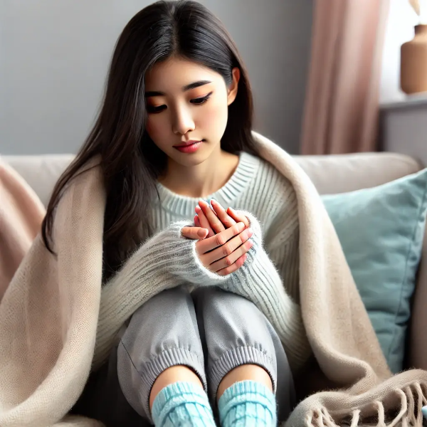 손을 모아 쥐고 따뜻한 담요를 두른 채 소파에 앉아 있는 젊은 동양 여성
