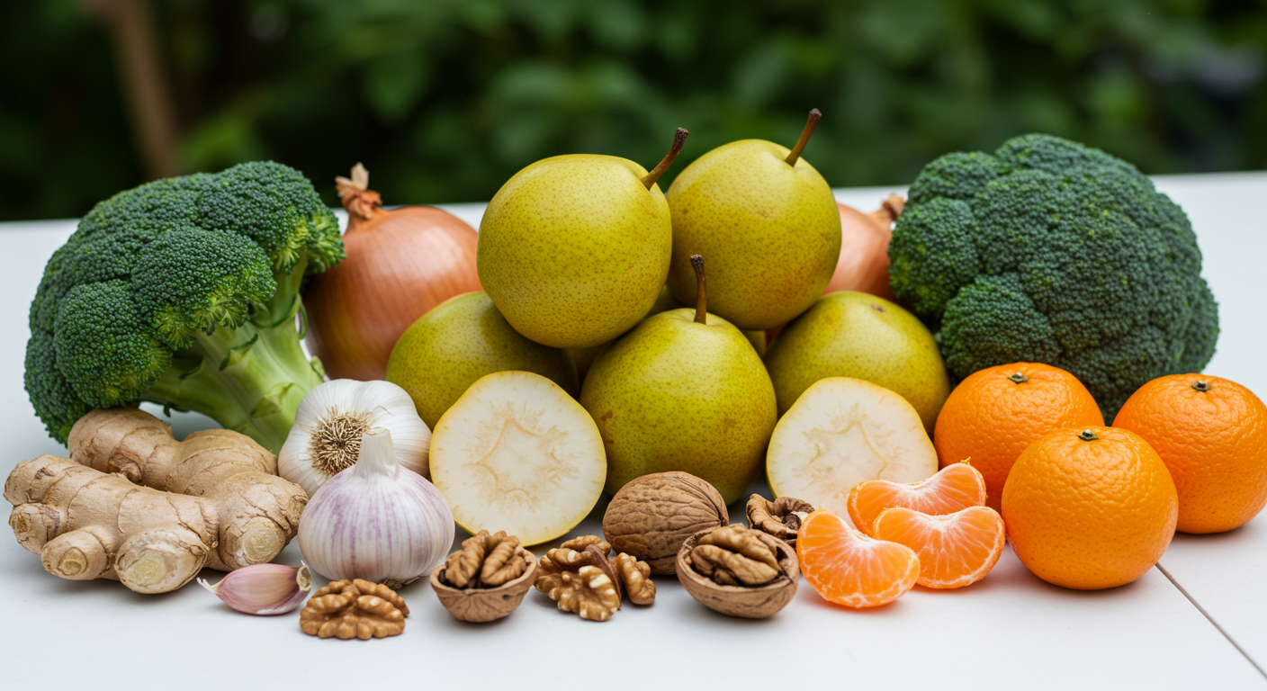 폐에 좋은 배, 브로콜리, 귤, 호두, 생강, 마늘이 테이블 위에 놓여 있다.