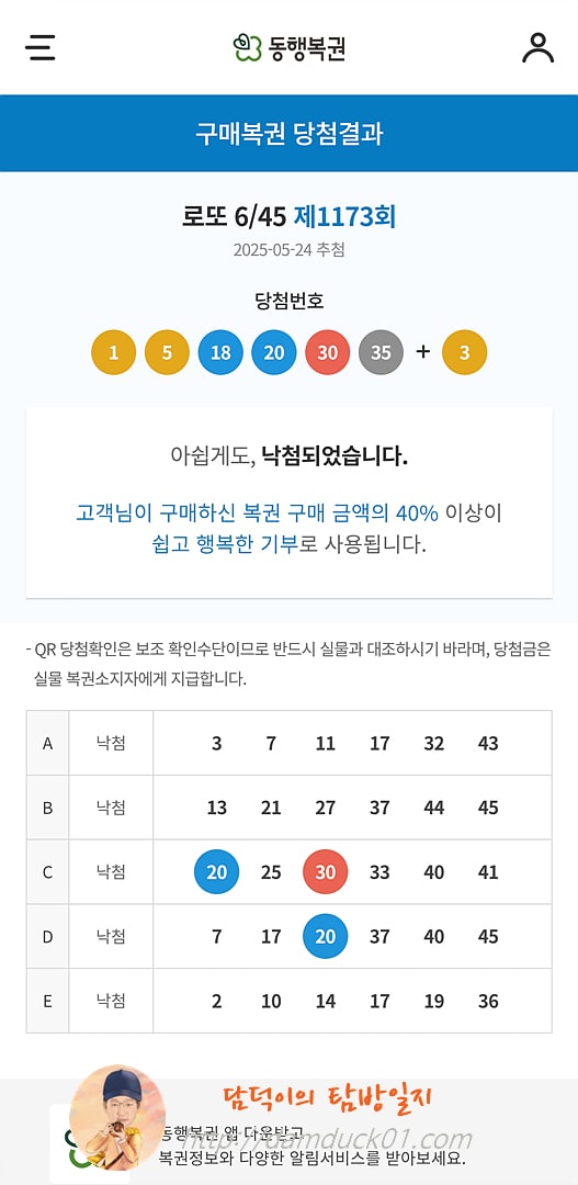 로또 6/45 제1173회 결과