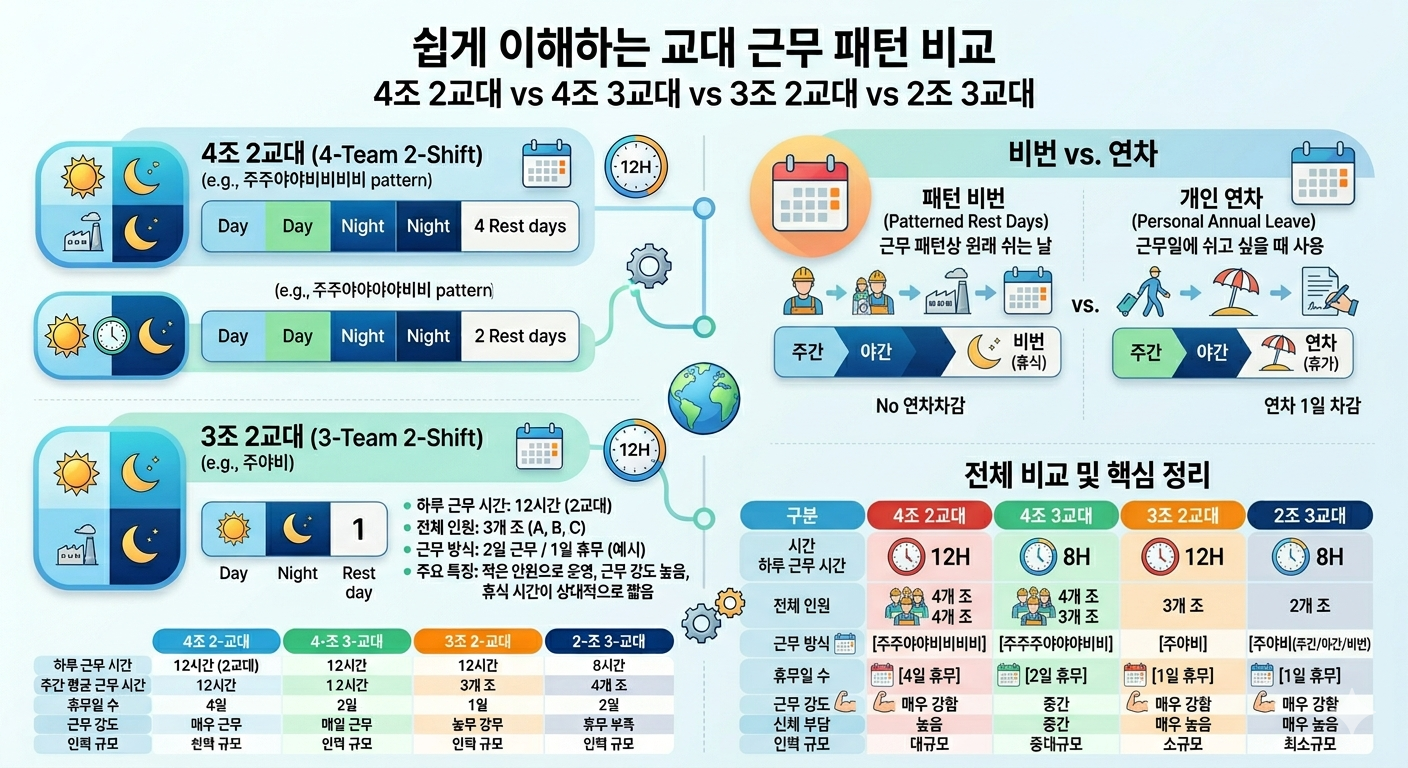 교대 근무 4조 2교대 vs 4조 3교대 vs 3조 2교대 vs 2조 3교대 연차 휴무일