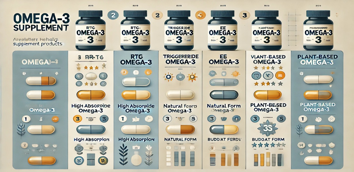 rTG, TG, EE, 식물성 오메가3 제품을 흡수율, 원료 형태, 가격, 비건 옵션 기준으로 비교한 인포그래픽
