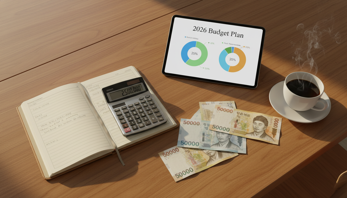 2026년 4인 가족 가계부와 계산기, 태블릿이 놓여 있는 테이블 위 생활비 결산 모습