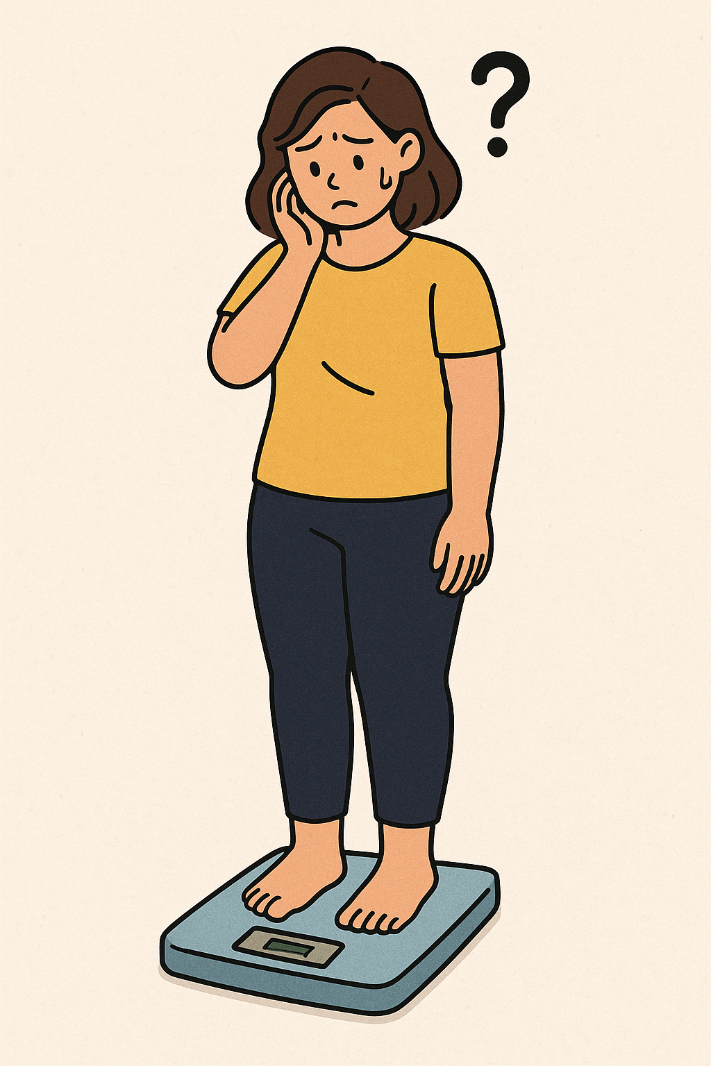 굶으면 살 빠진다? 체중계 위에 올라선 여성. 걱정하는 표정