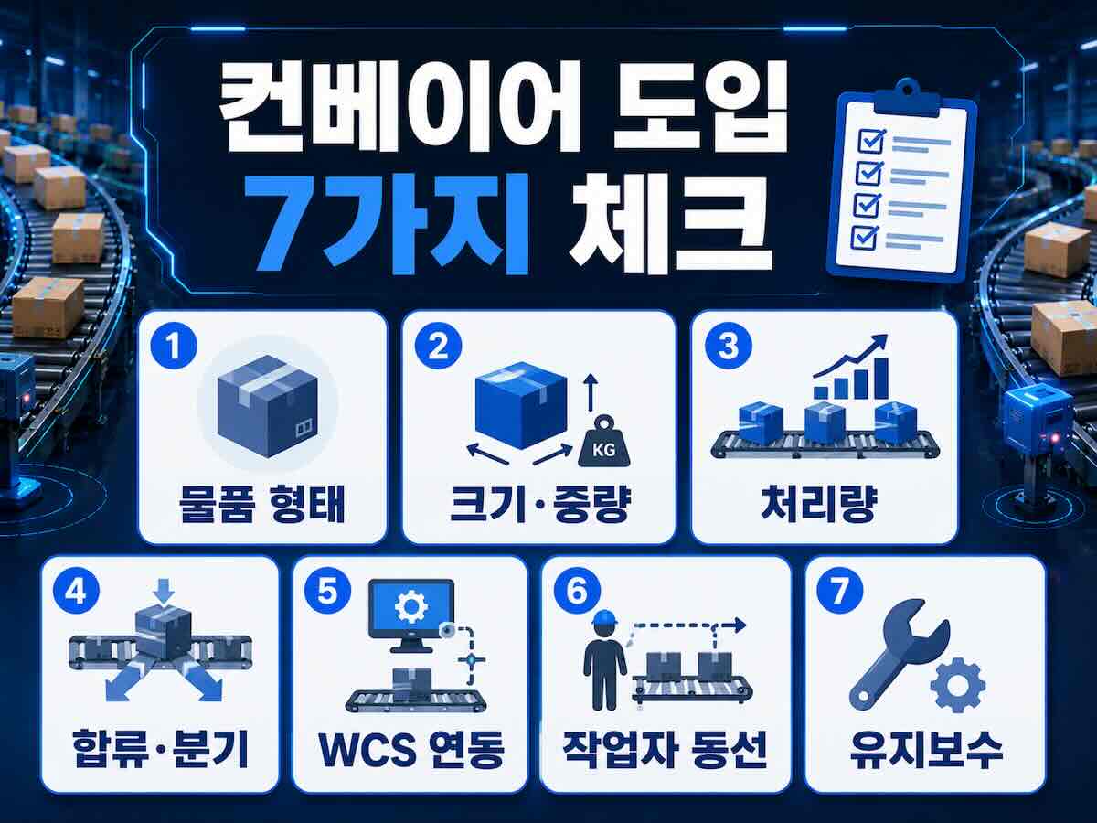 물류센터 컨베이어 도입 전 물품 형태 크기 중량 처리량 합류 분기 WCS 연동 작업자 동선 유지보수 7가지 체크리스트