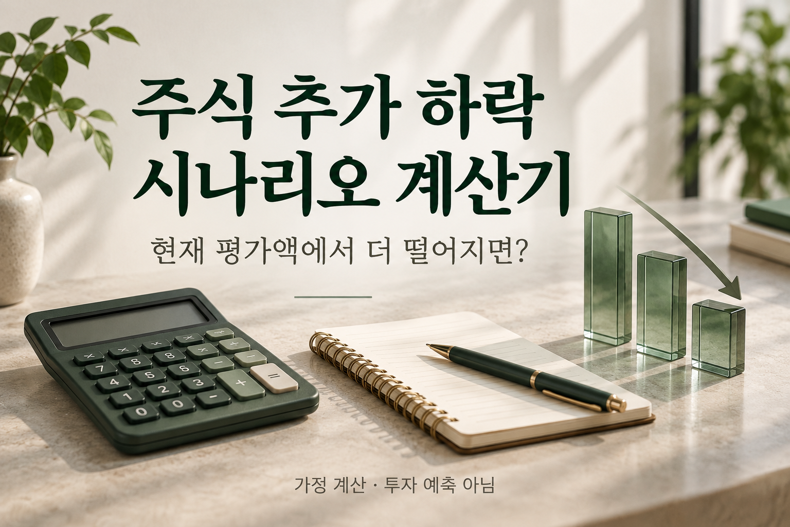 주식 추가 하락 시나리오 계산기 - 현재 평가액에서 5&middot;10&middot;20% 더 하락하면
