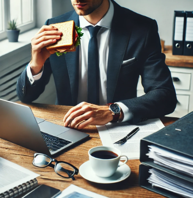 바쁜 직장인이 일하면서 음식 먹는 사진
