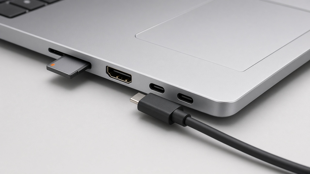 알루미늄 노트북 측면의 SD 카드 슬롯, HDMI 단자, USB-C 단자에 케이블과 메모리카드가 꽂혀 있는 모습