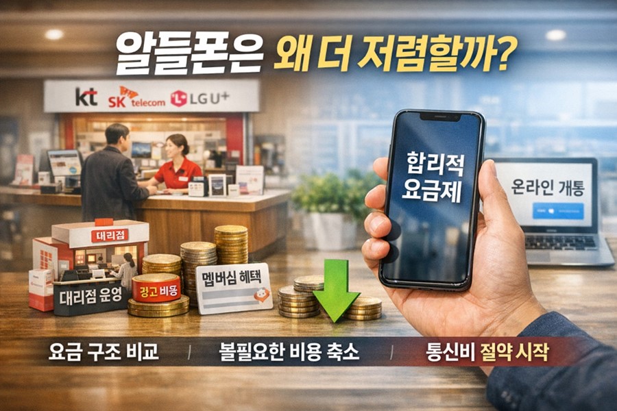 2026 알뜰폰 장단점 현실을 설명하기 위해 메이저 통신사와 알뜰폰의 요금 구조 차이를 비교하는 이미지