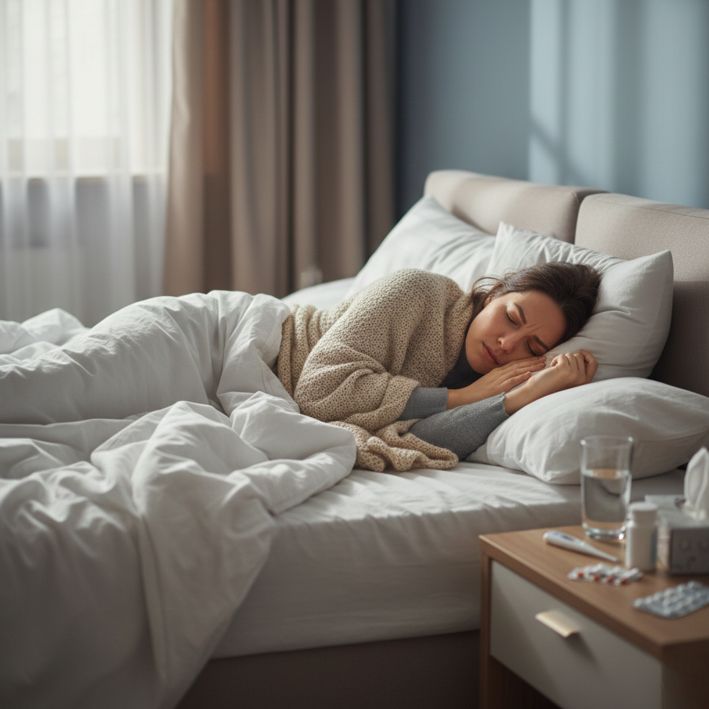 독감 회복기에 침대에서 충분한 휴식을 취하는 여성