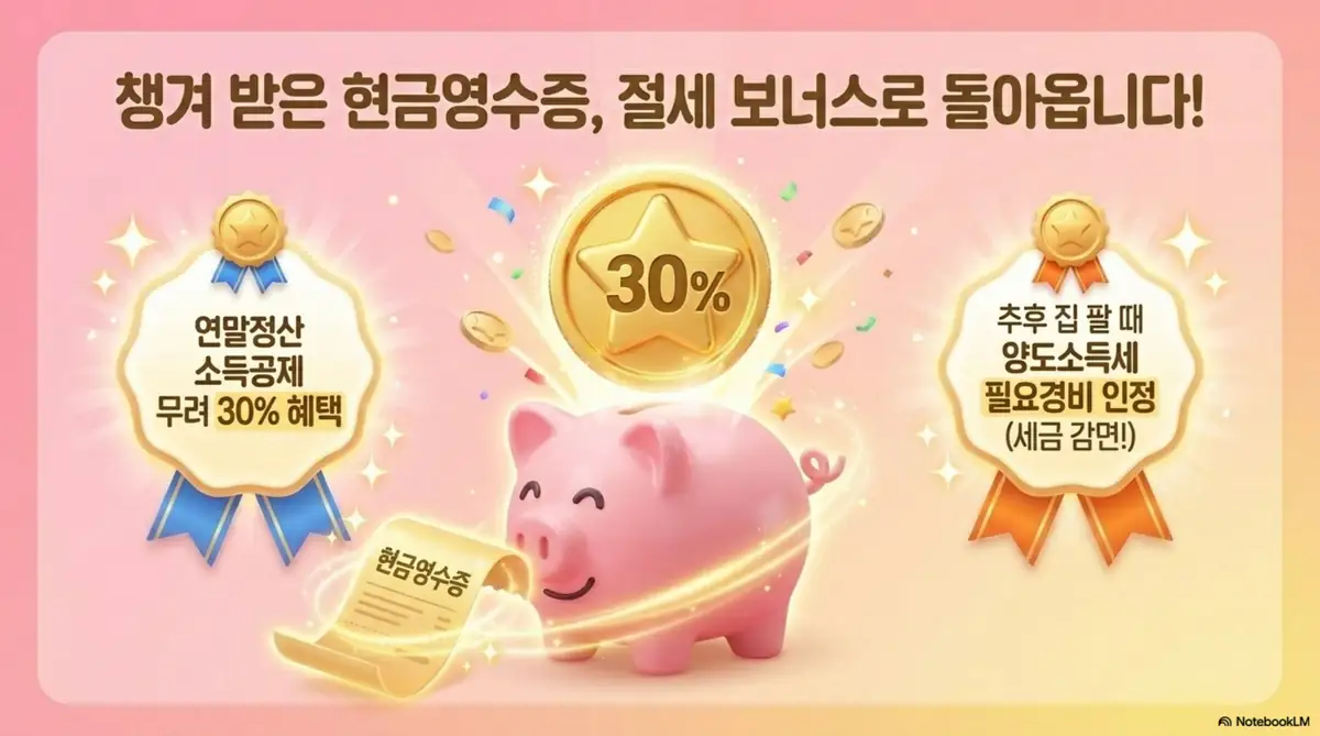 부동산 중개수수료: 현금영수증을 발급받으면 연말정산 소득공제 30% 혜택과 양도소득세 필요경비 인정이 가능하다는 절세 효과를 설명한 인포그래픽 이미지. 이 이미지는 중개수수료 현금영수증의 소득공제 및 필요경비 혜택을 시각적으로 전달하며, 블로그의 중개수수료 소득공제와 관련된 내용을 설명함