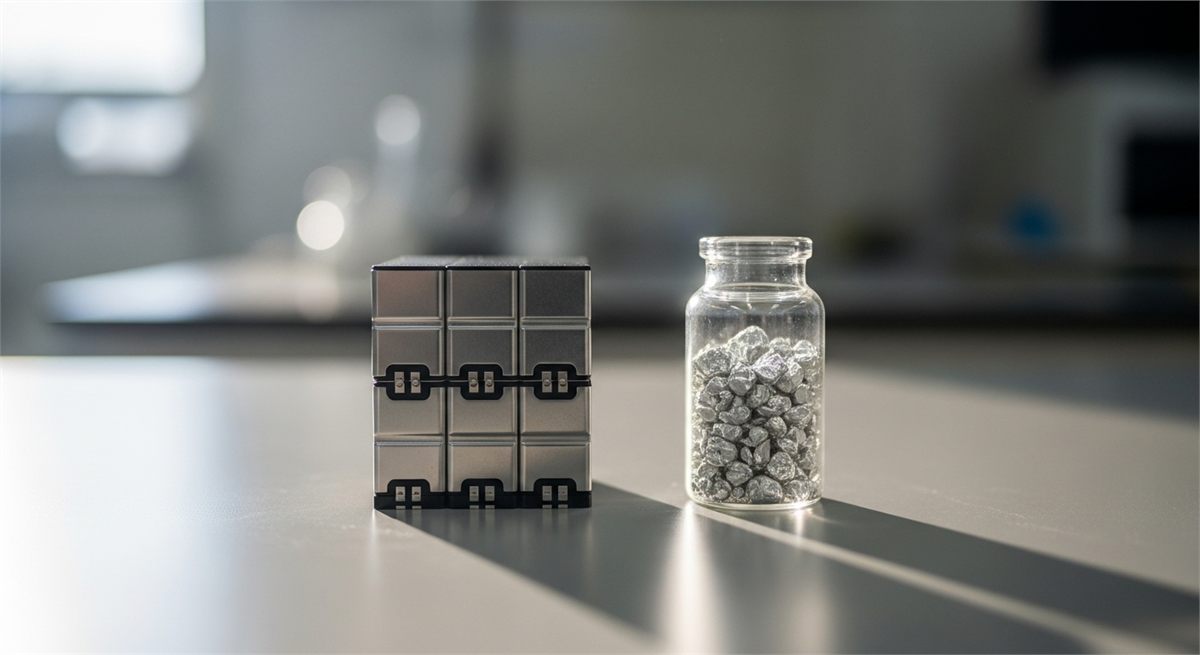 리튬 원료와 배터리 셀을 함께 담은 상징 장면