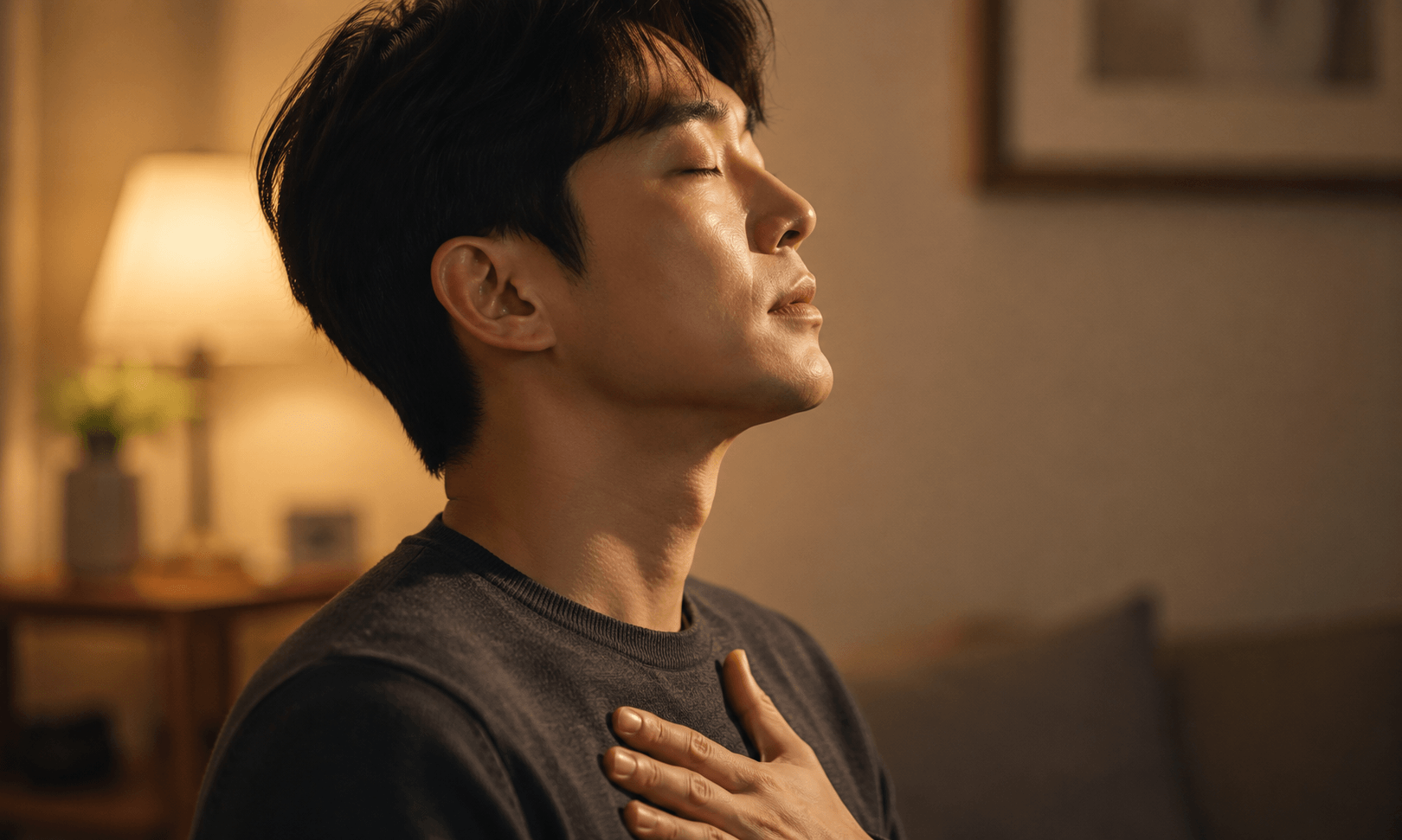 눈을 감고 가슴에 손을 얹은 채 깊은 호흡으로 감정을 조절하는 인물의 측면 클로즈업 이미지로, 따뜻한 실내 조명과 부드러운 배경 흐림이 긴장 속 자기 통제를 표현한 장면