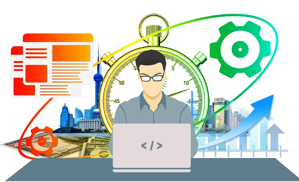 주식 차트, 미국 달러 등 경제 관련 이미지를 배경에 두고 노트북을 하는 남자