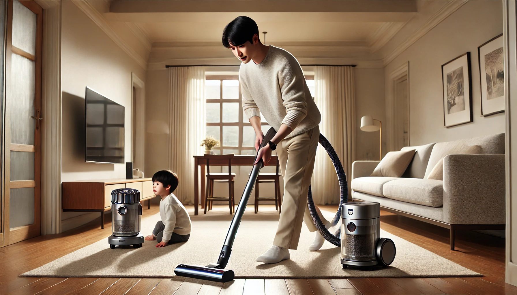 무선 청소기 들고 있는 아빠