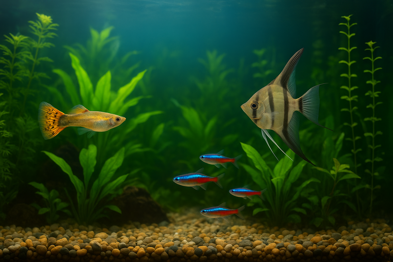 맑은 물 속에서 다양한 열대어들이 수초 사이를 헤엄치는 깨끗한 가정용 아쿠아리움 모습