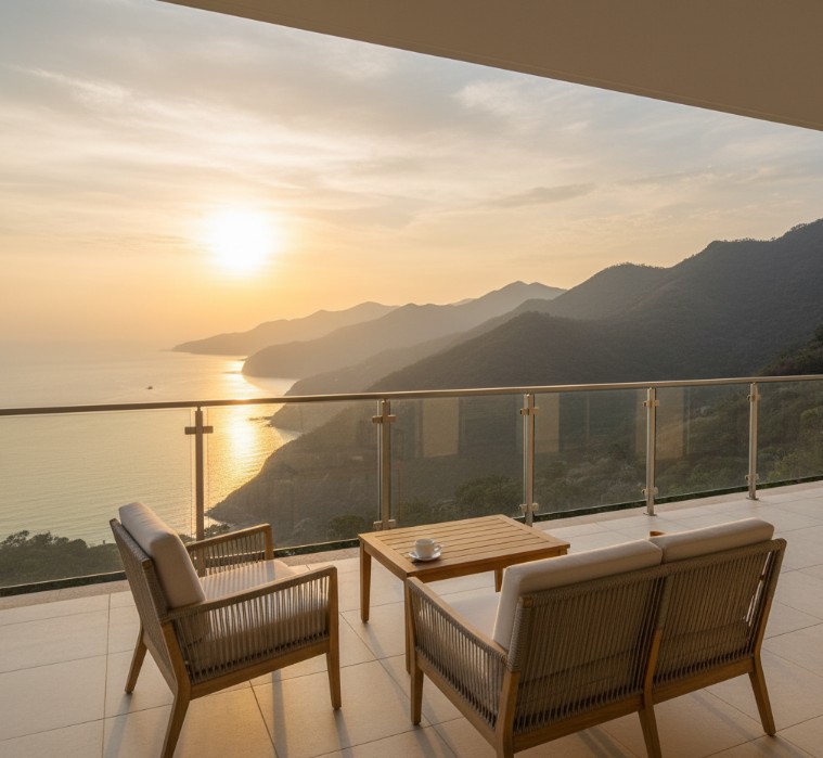 "바다 수평선과 산등성이가 보이는 숙소 발코니 전경"