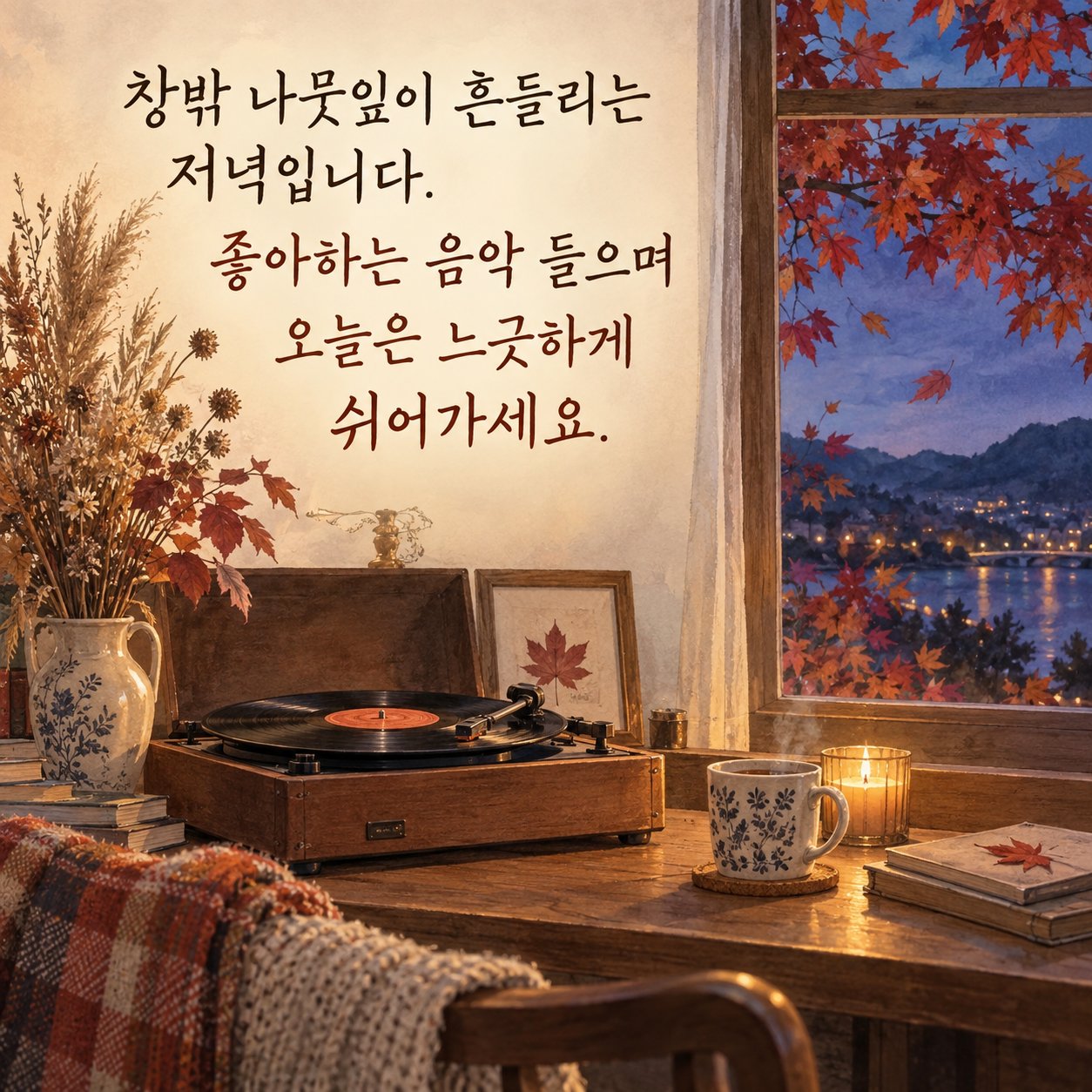 가을 저녁 인사 이미지 17 — 창밖 나뭇잎이 흔들리는 저녁입니다. 좋아하는 음악 들으며 오늘은 느긋하게 쉬어가세요.