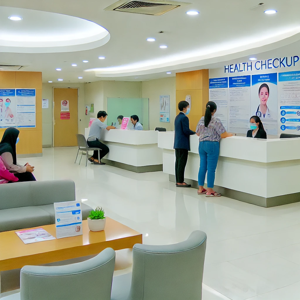 건강검진 예약을 위한 병원 접수처의 깔끔하고 현대적인 모습. 환자들이 줄을 서서 접수하고 있으며&amp;#44; 벽에는 건강검진 관련 포스터가 걸려 있습니다. 환자를 위한 대기 좌석이 배치된 밝고 환영하는 분위기의 로비.