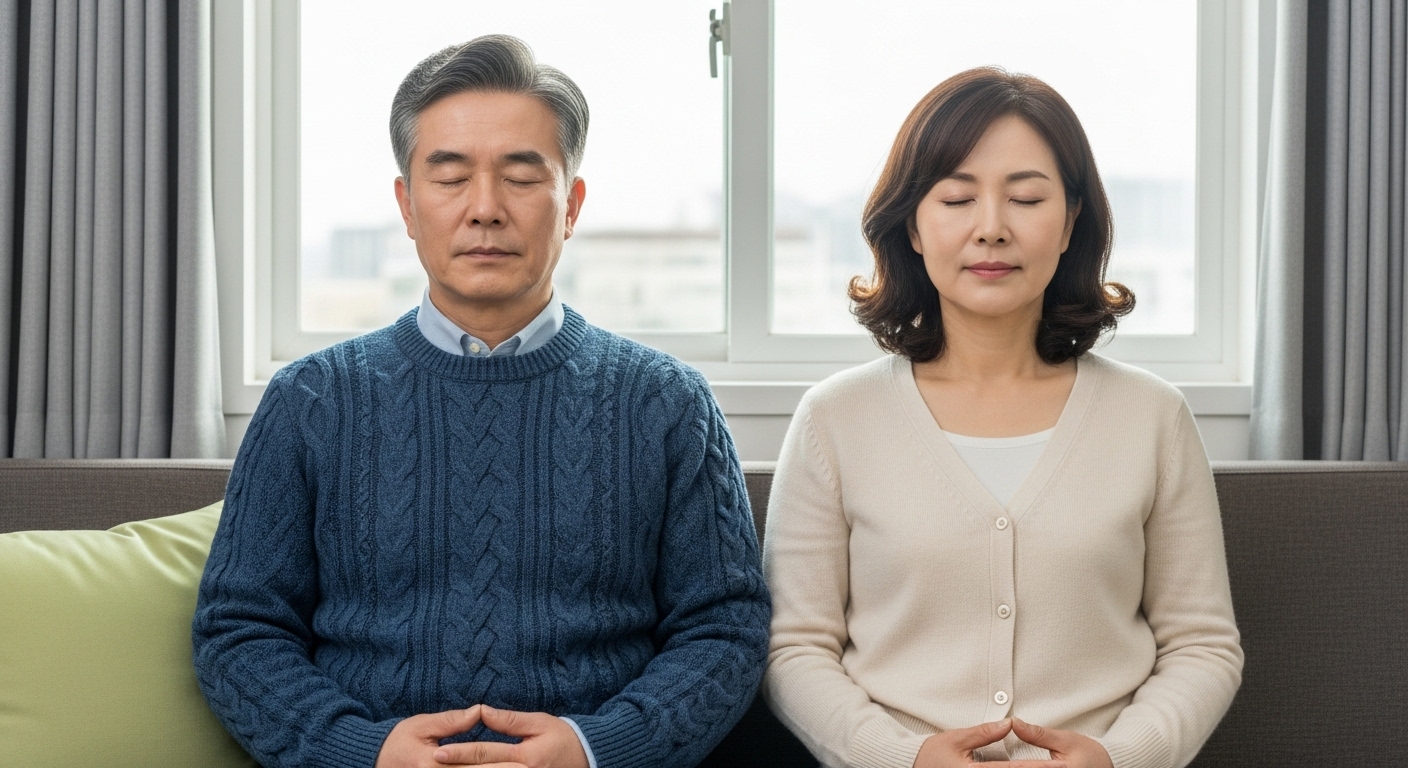 50대 한국 남녀, 창가 미니 명상