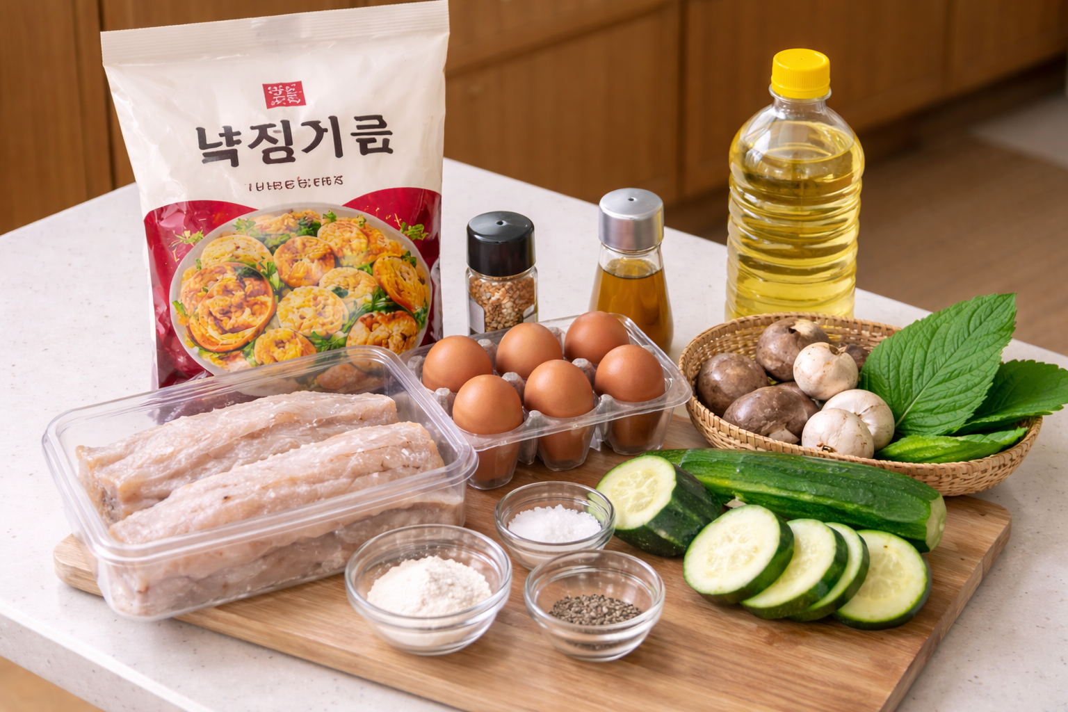 전을 만들기 위한 부침 재료를 한 번에 모아둔 모습