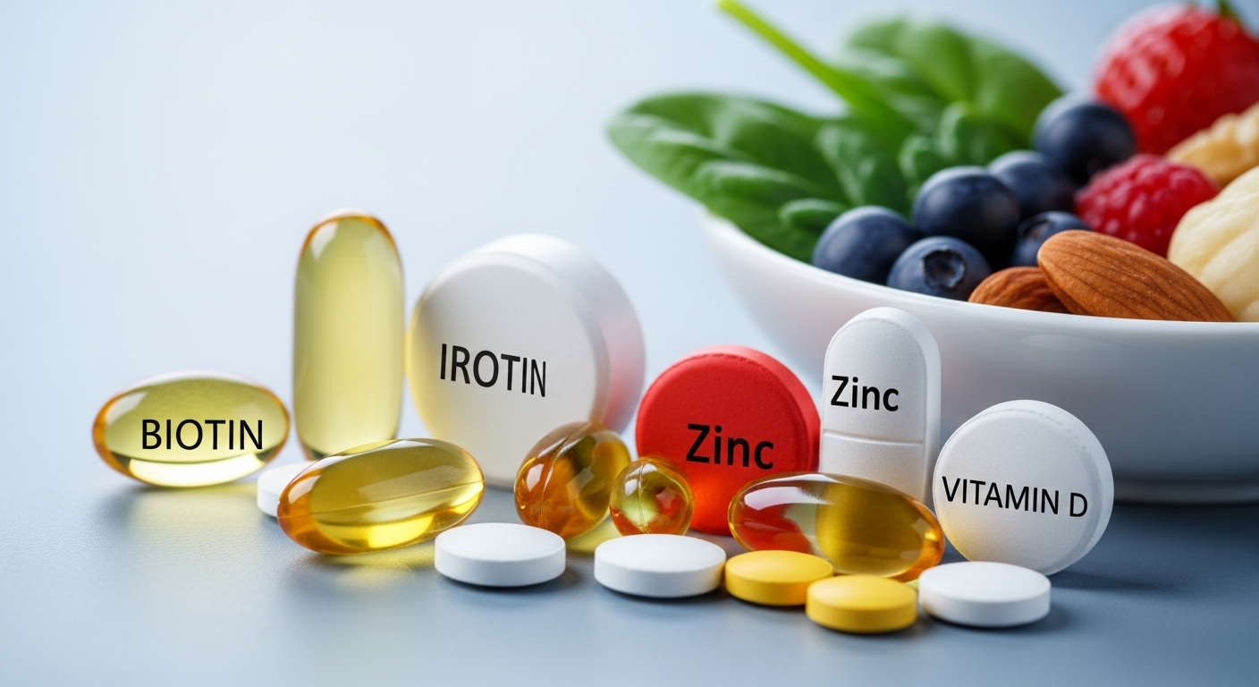 철분, 비오틴, 아연 등 모발 건강에 좋은 영양제와 시금치, 견과류, 베리류 같은 건강 식품들이 놓여있는 모습. 모발 영양 관리를 상징합니다.