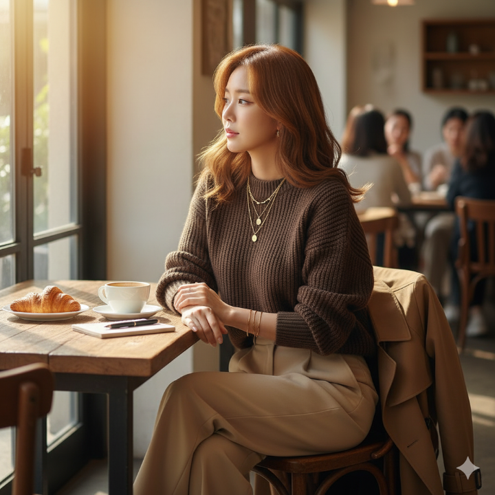 브라운 계열 톤온톤으로 코디한 여성이 카페에 앉아있는 모습