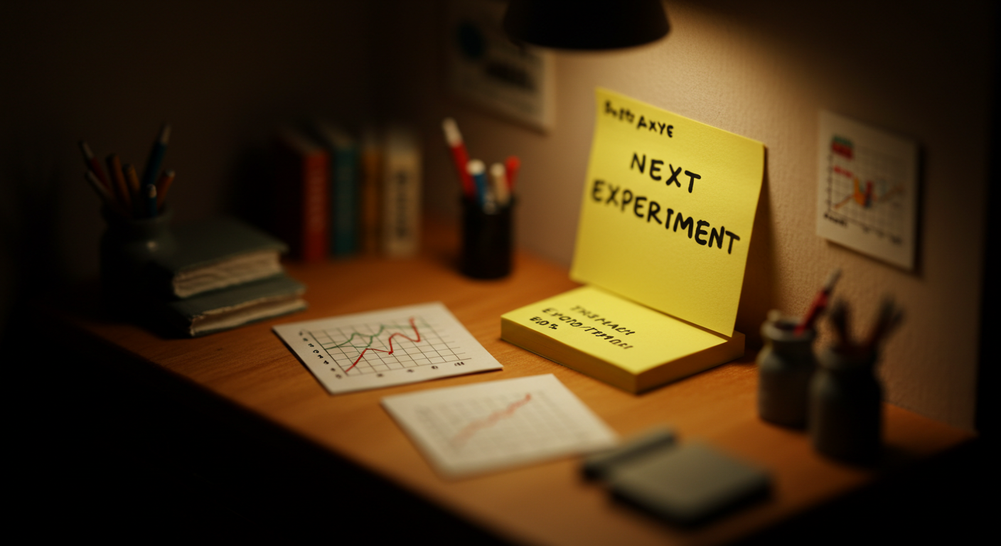 밤 조명 아래 미니어처 그래프 카드와 메모지에 '다음 실험'이라 적힌 틸트쉬프트 마무리 장면