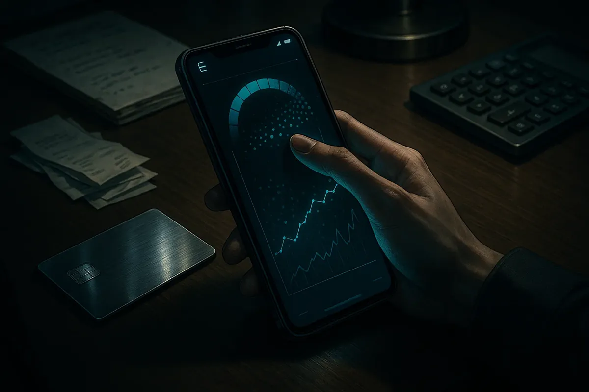 신용점수 관리를 위한 신용카드와 스마트폰을 활용한 금융 관리 모습