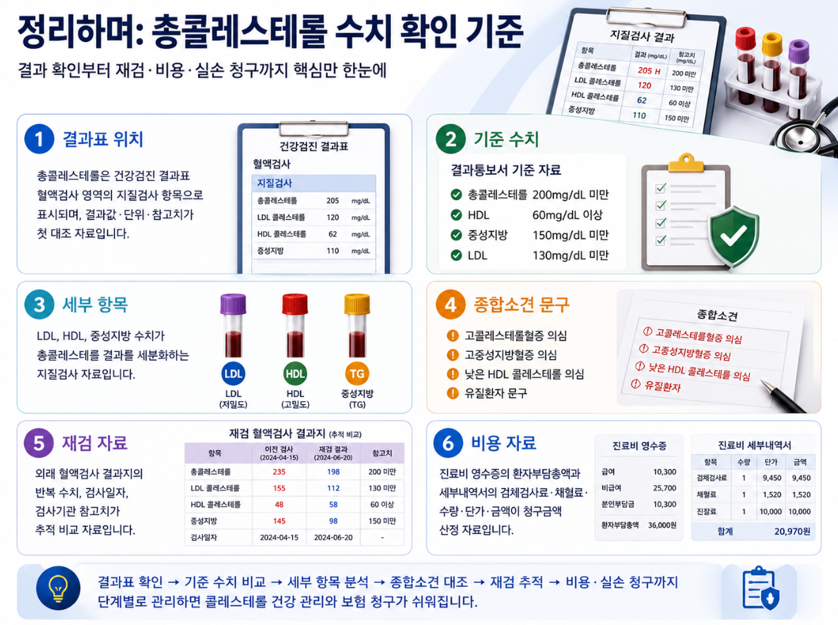 총콜레스테롤 결과표 위치, 기준 수치, 세부 항목, 종합소견 문구, 재검 자료, 비용 자료를 요약한 정리 인포그래픽