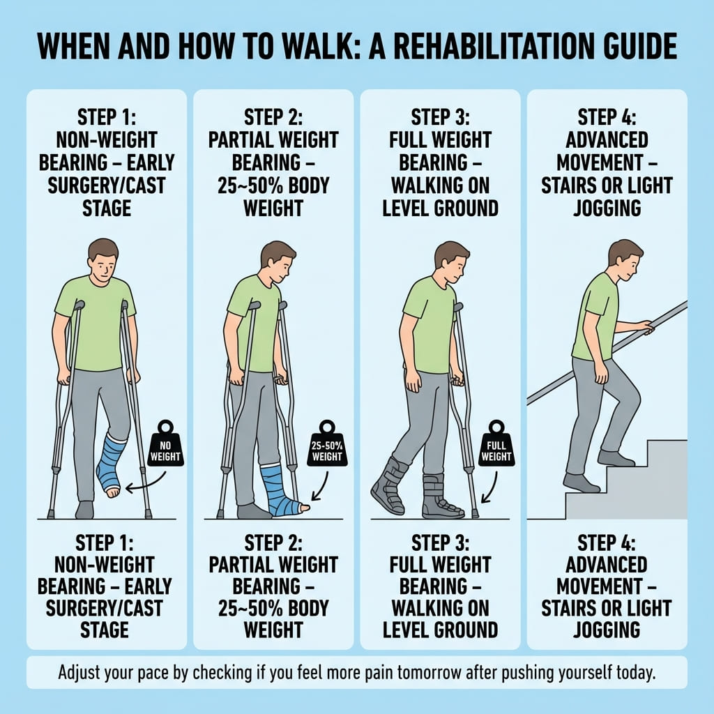 종골골절 후 목발 보행에서 부분 체중, 완전 체중 보행까지 재활 단계 일러스트