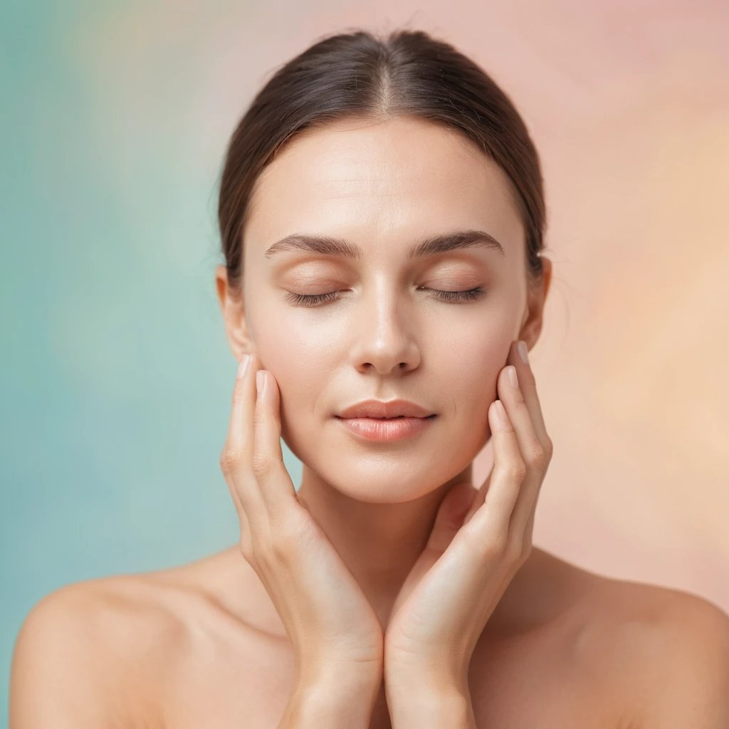 얼굴 마사지 중인 여성. 눈을 감고 양손으로 얼굴을 감싸 부드럽게 마사지하는 모습
