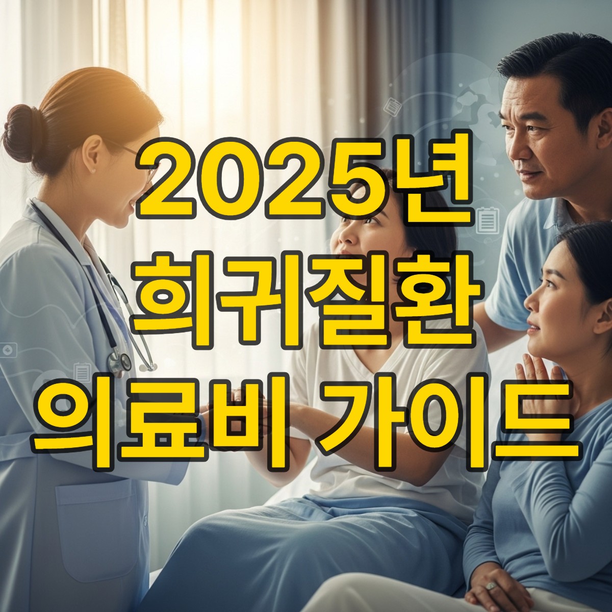 희귀질환 환자의 손을 잡아주며 위로하는 의료진과 함께 걱정과 희망이 교차하는 가족의 모습. 밝고 따뜻한 병실 배경.