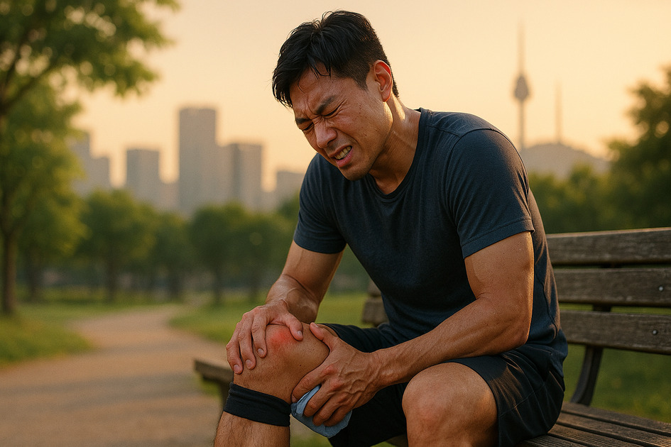 운동 후 관절통 고통응 느끼는남성 이미지