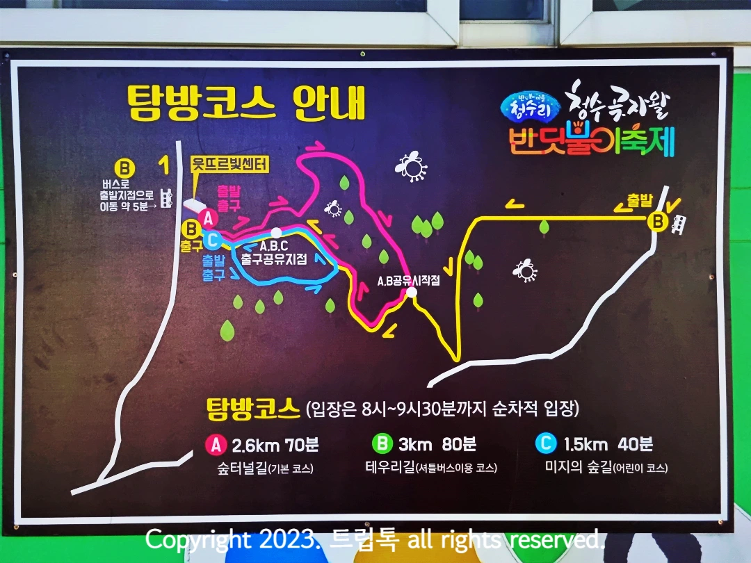 그림으로 반딧불이 축제 탐방코스가 하늘색 분홍색 노란색으로 그려져있다.