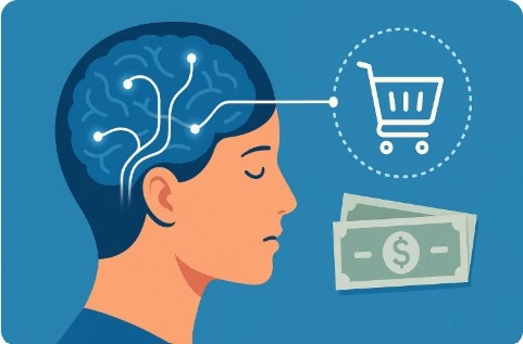뇌 신호와 쇼핑 아이콘이 연결된 현대적 일러스트