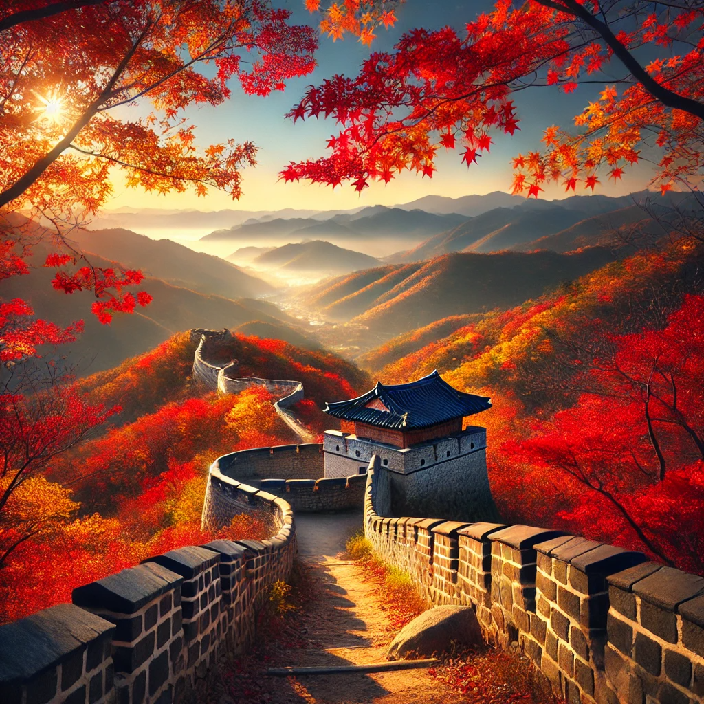 부산 금정산성에서 붉게 물든 단풍과 성벽의 아름다운 가을 풍경